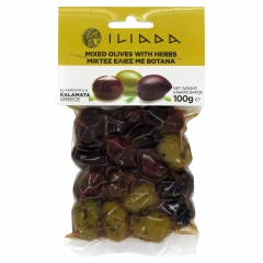 Iliada Greek Premium Mixed Whole Olives with Herbs. 100gm.